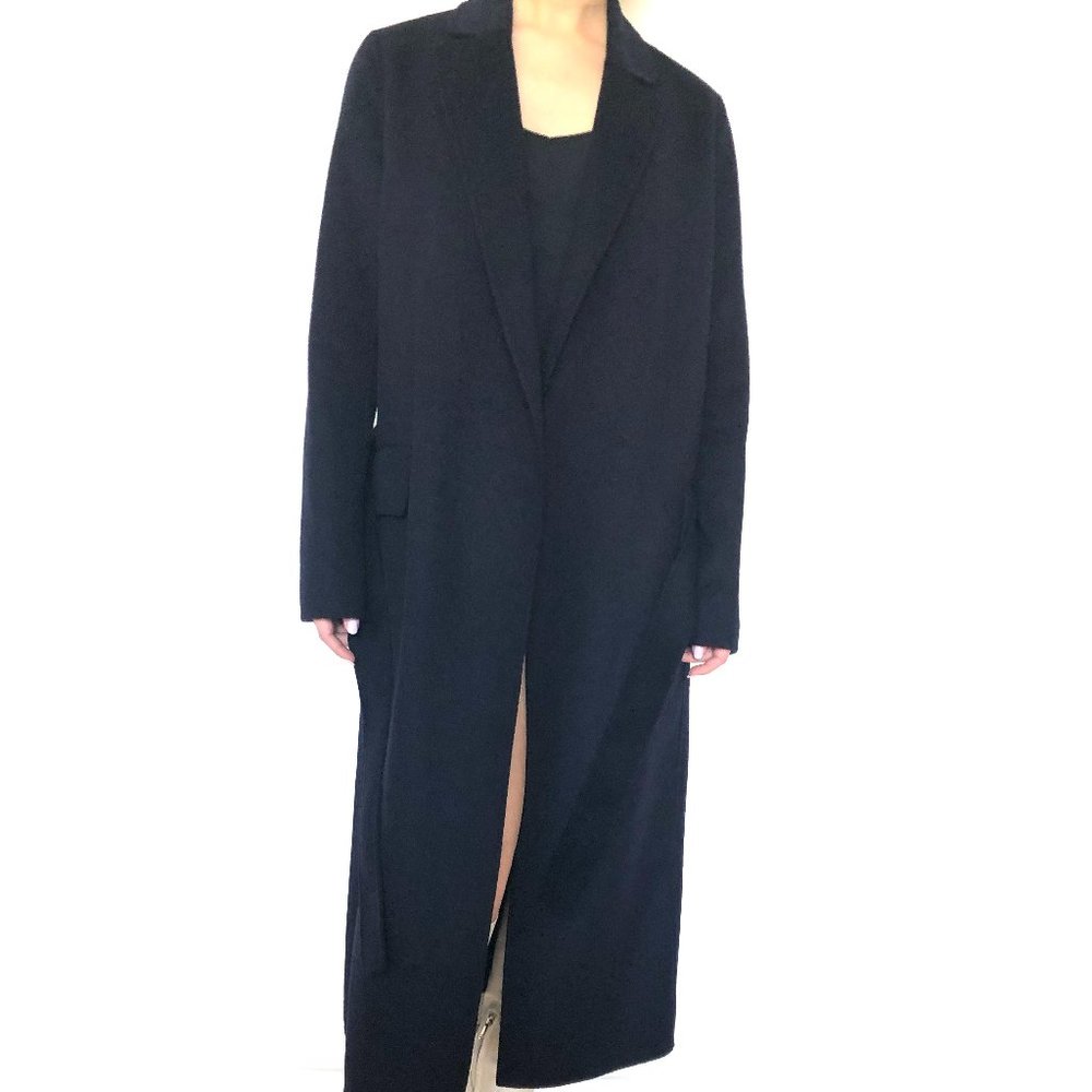 Navy Wool Blend Full Length Coat with belt